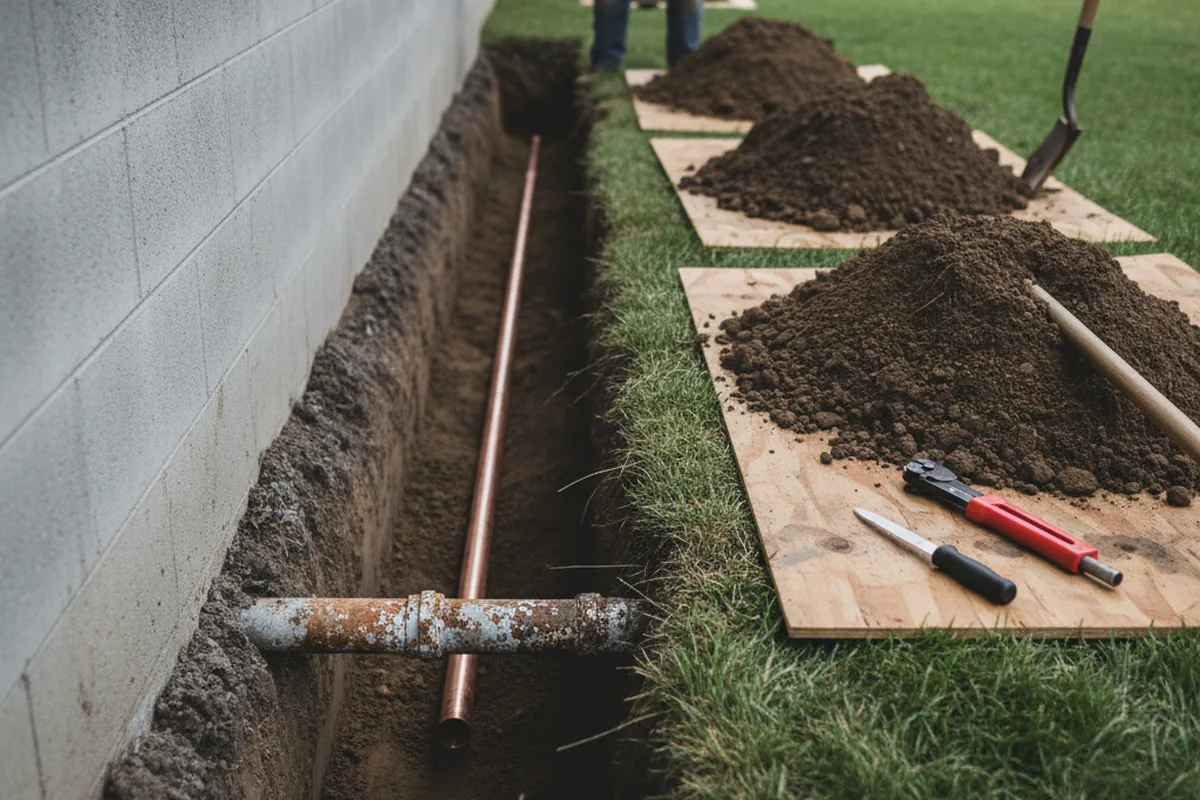 Excavated water line trench during Water Softener Installation in Armona